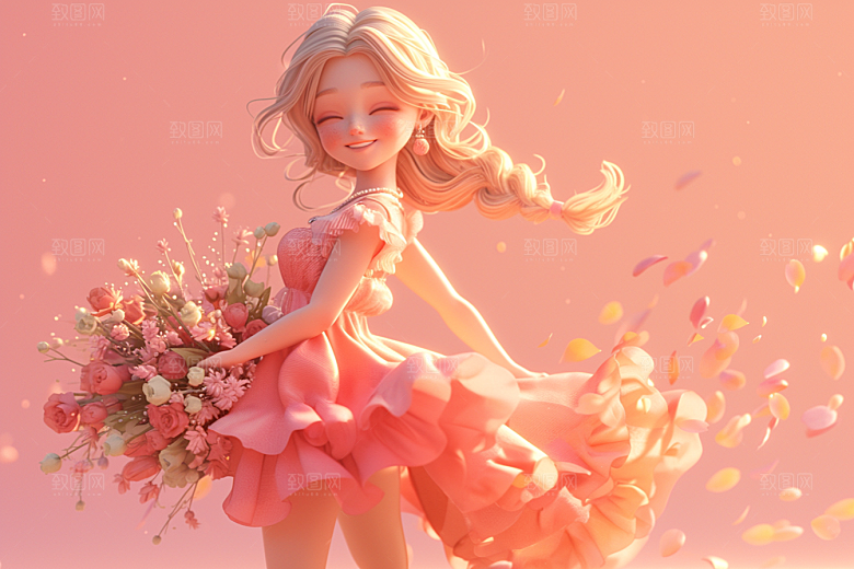手捧鲜花的少女烂漫梦幻素材