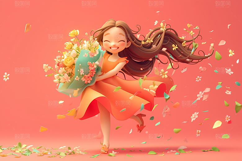 手捧鲜花的少女烂漫青春素材