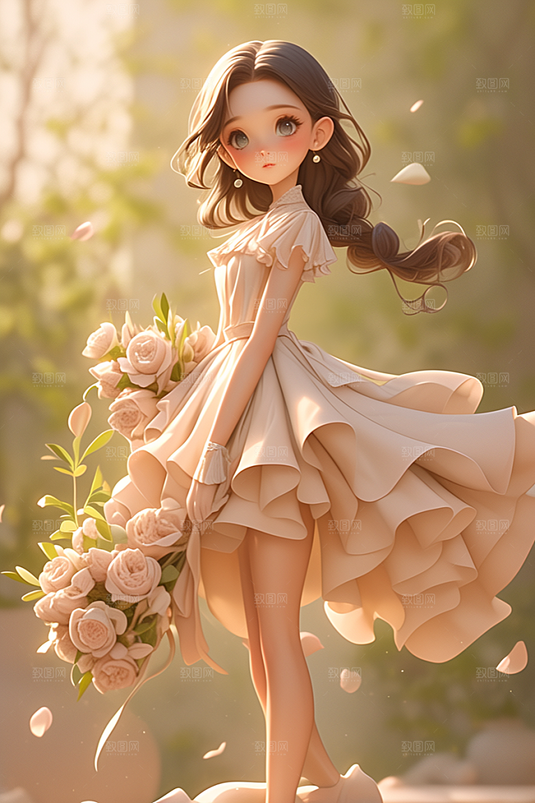手捧鲜花的少女3D唯美素材