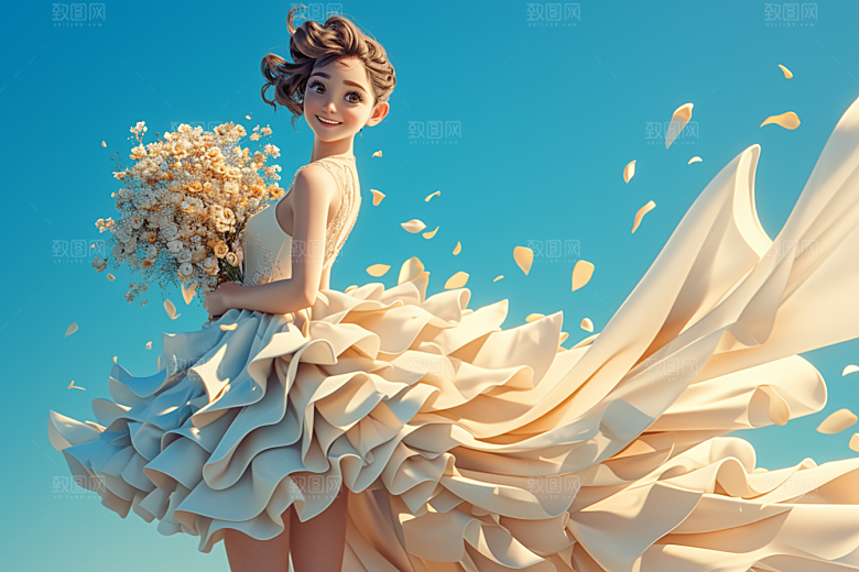 手捧鲜花的少女烂漫梦幻素材