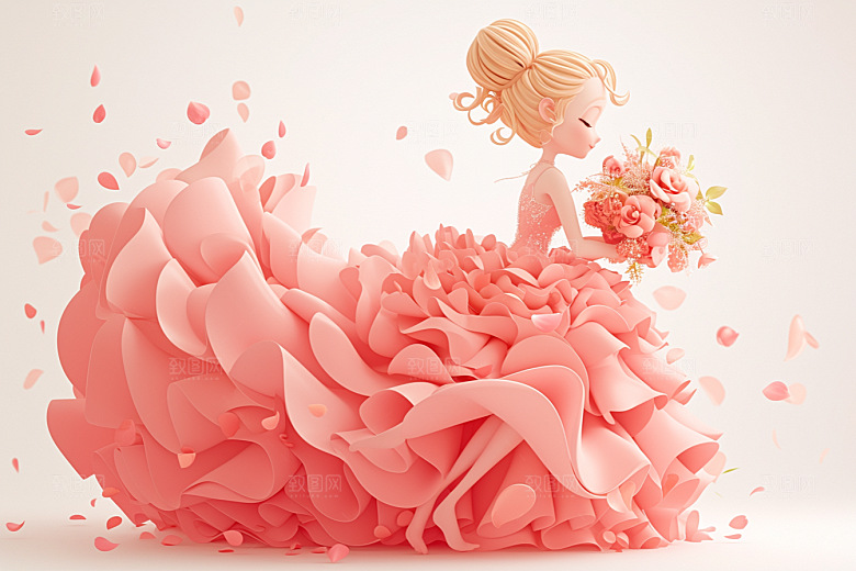 手捧鲜花的少女3D清新素材