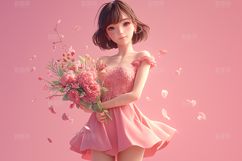 手捧鲜花的少女飞舞的裙摆青春素材