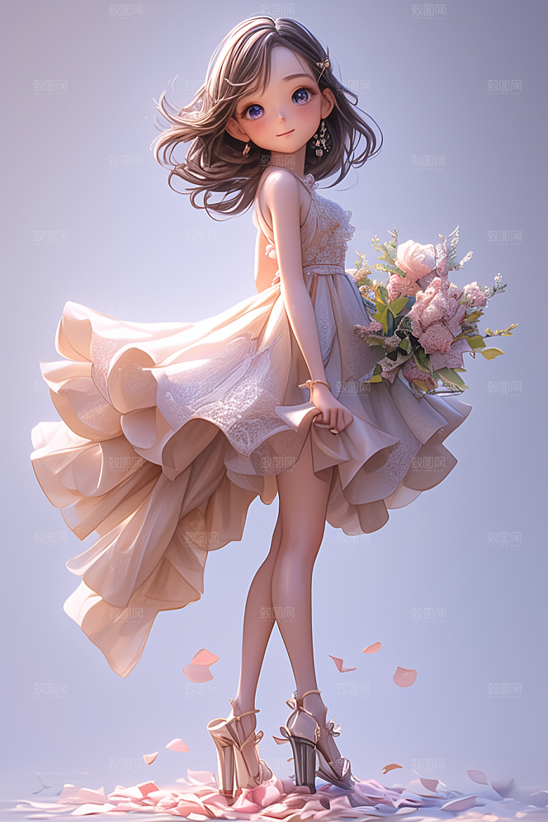 手捧鲜花的少女春天立体素材
