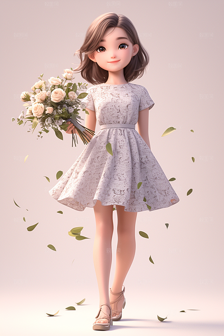 手捧鲜花的少女清新唯美素材