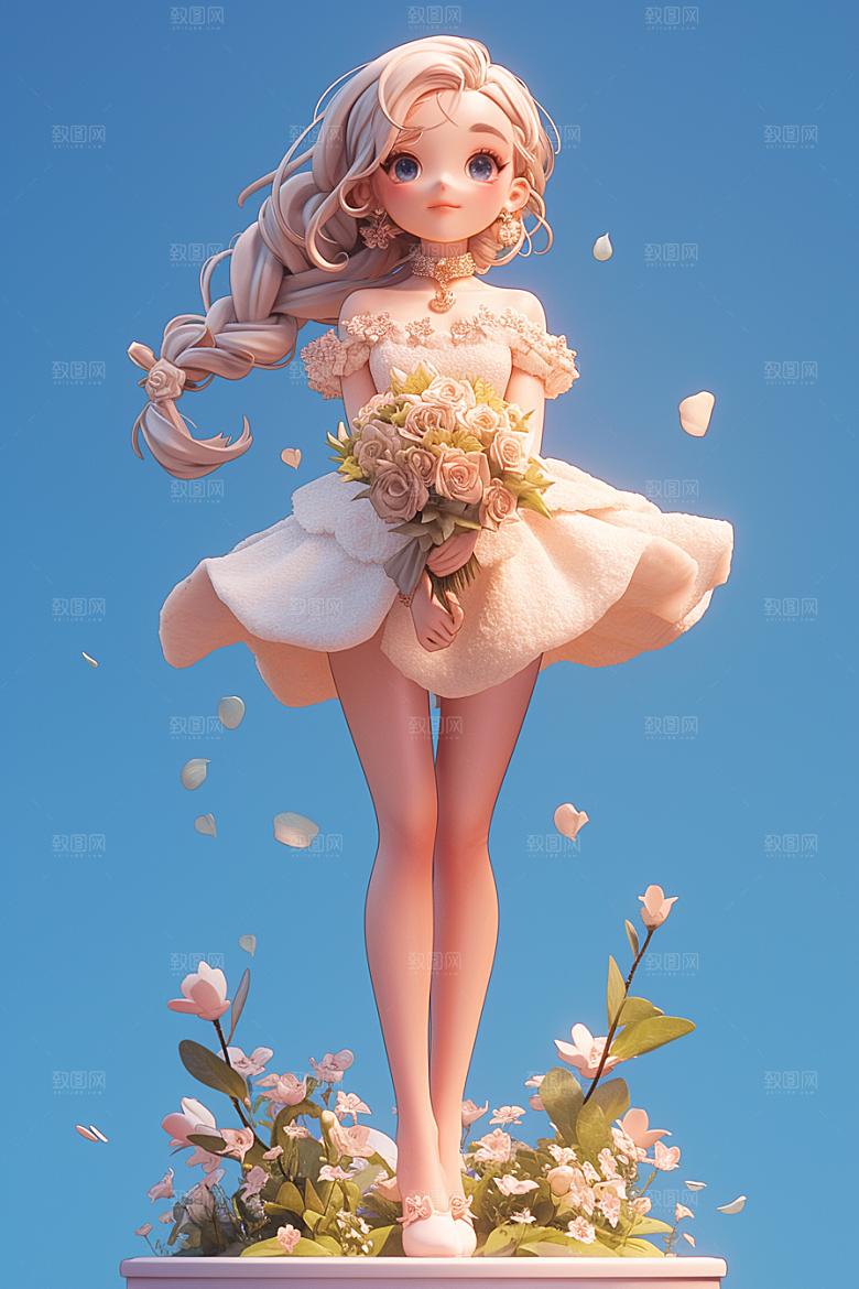 手捧鲜花的少女青春3D素材