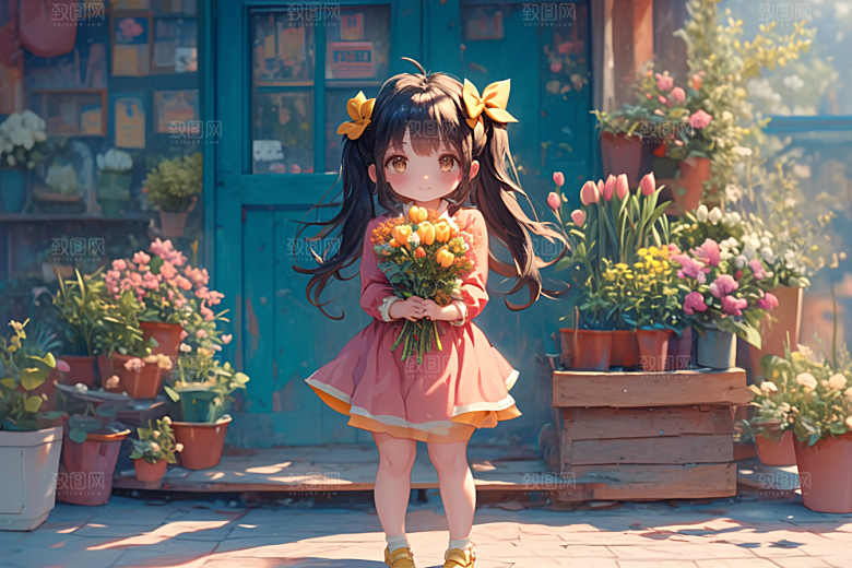 手捧鲜花的少女烂漫花朵素材