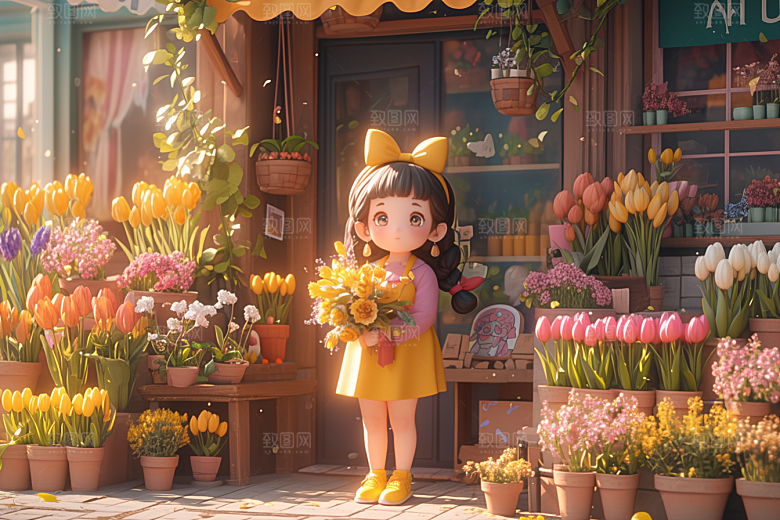 手捧鲜花的少女唯美自然素材