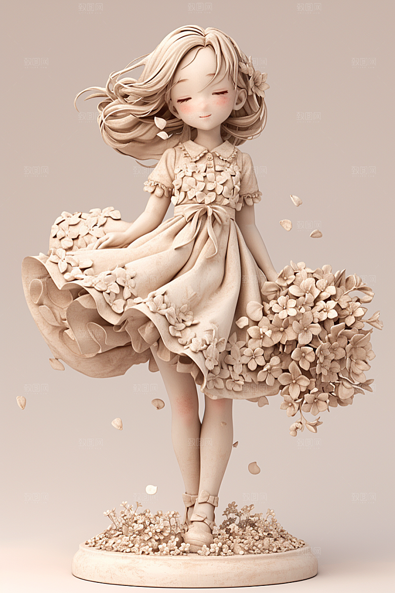 手捧鲜花的少女模型花朵素材