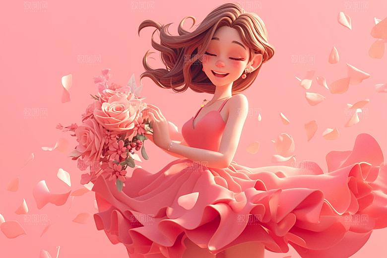 手捧鲜花的少女青春自然素材