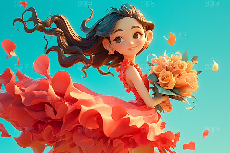 手捧鲜花的少女唯美3D素材