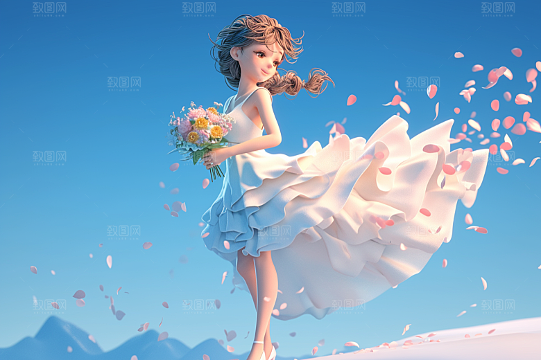 手捧鲜花的少女烂漫青春素材