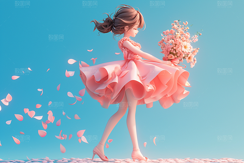 手捧鲜花的少女清新飞舞的裙摆素材
