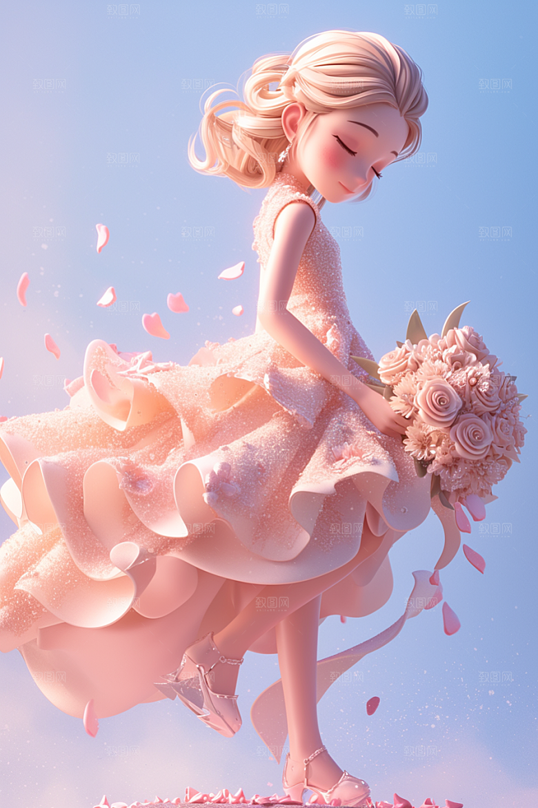 手捧鲜花的少女立体清新素材