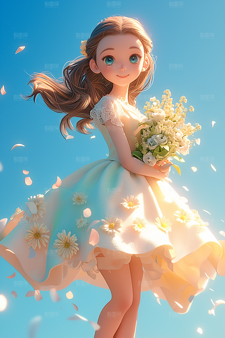 手捧鲜花的少女3D花朵素材