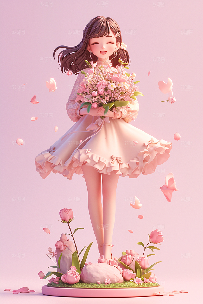 手捧鲜花的少女春天梦幻素材