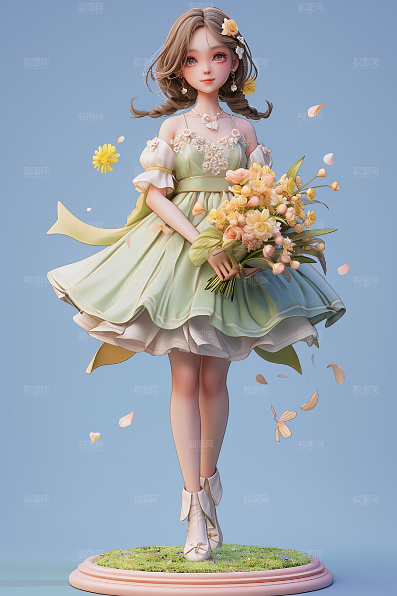 手捧鲜花的少女模型肖像素材