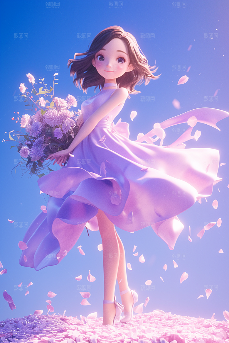 手捧鲜花的少女梦幻模型素材