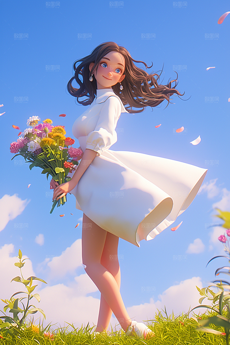 手捧鲜花的少女3D自然素材