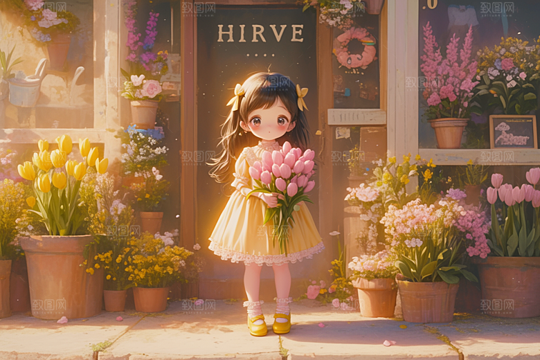 手捧鲜花的少女青春立体素材