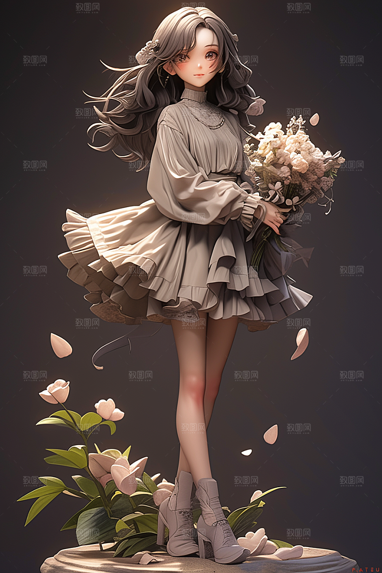 手捧鲜花的少女烂漫模型素材
