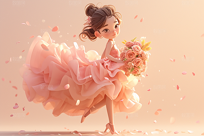 手捧鲜花的少女青春立体素材