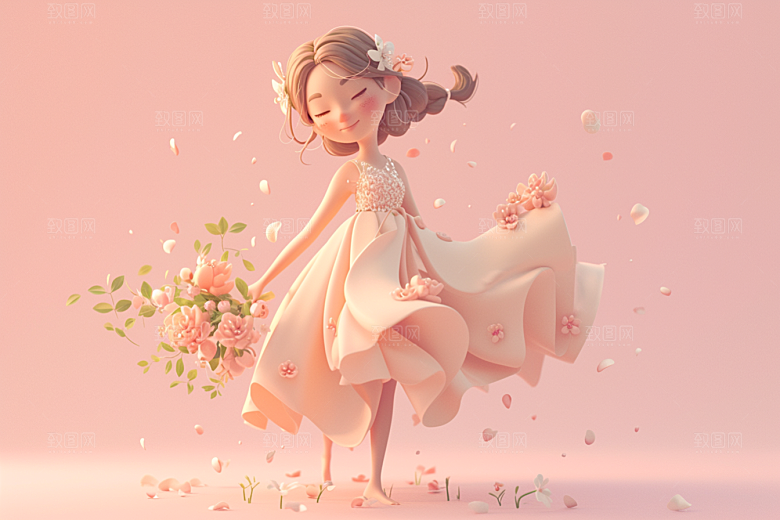 手捧鲜花的少女清新自然素材
