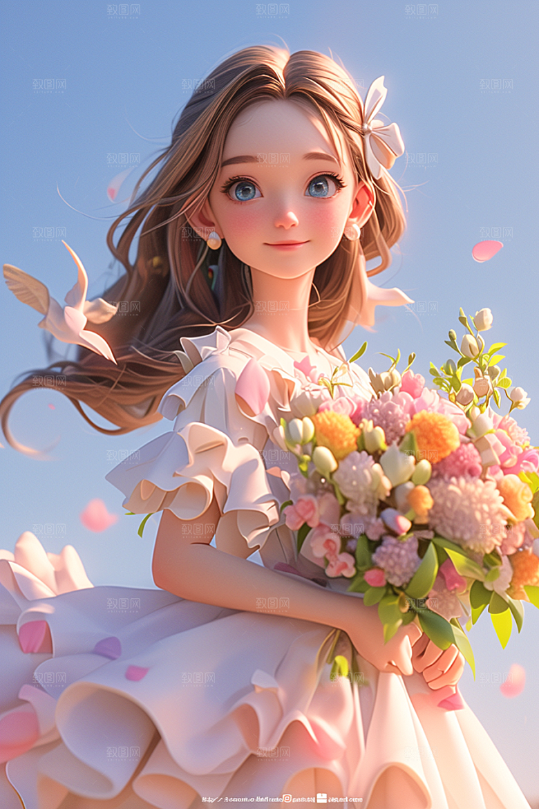 手捧鲜花的少女清新梦幻素材