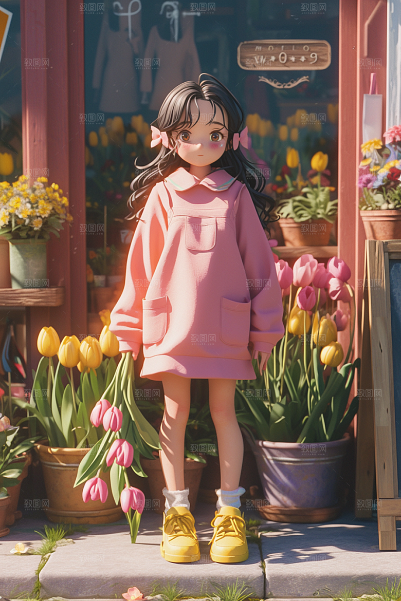 手捧鲜花的少女梦幻春天素材