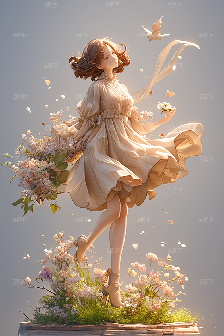 手捧鲜花的少女立体肖像素材