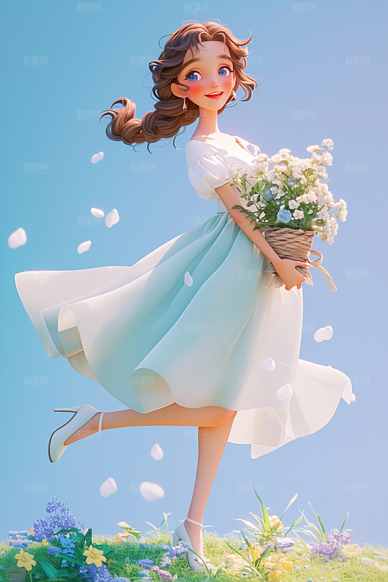 手捧鲜花的少女肖像自然素材