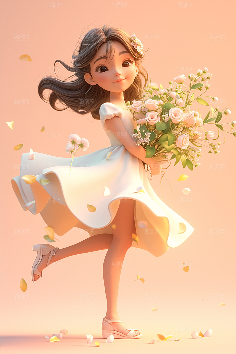 手捧鲜花的少女立体肖像素材