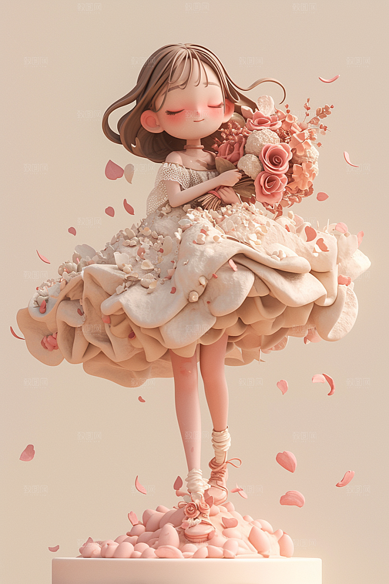手捧鲜花的少女人物烂漫素材