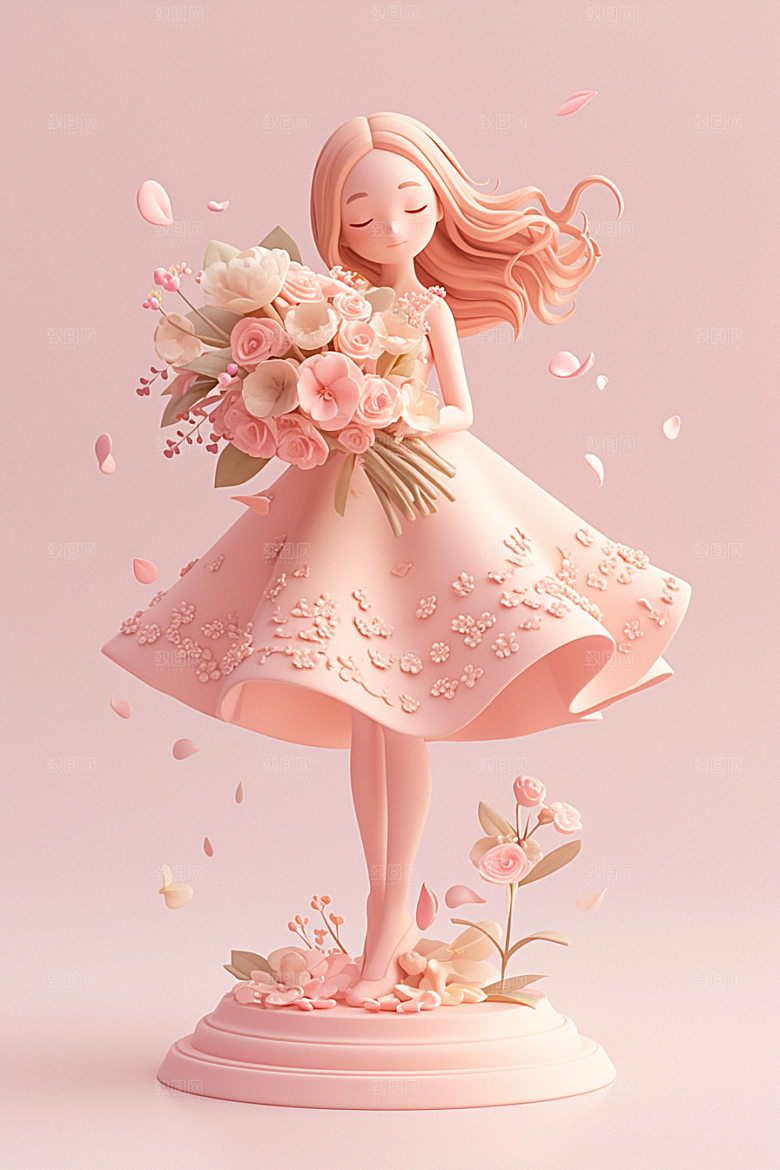 手捧鲜花的少女花朵人物素材
