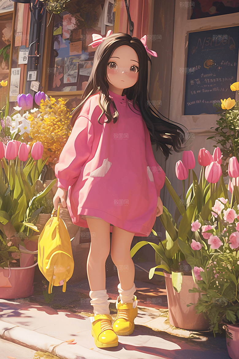 手捧鲜花的少女春天模型素材