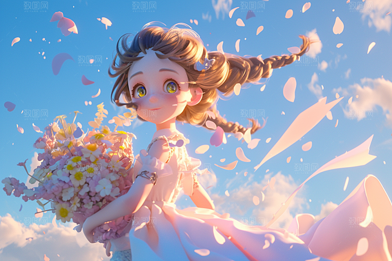 手捧鲜花的少女梦幻花朵素材