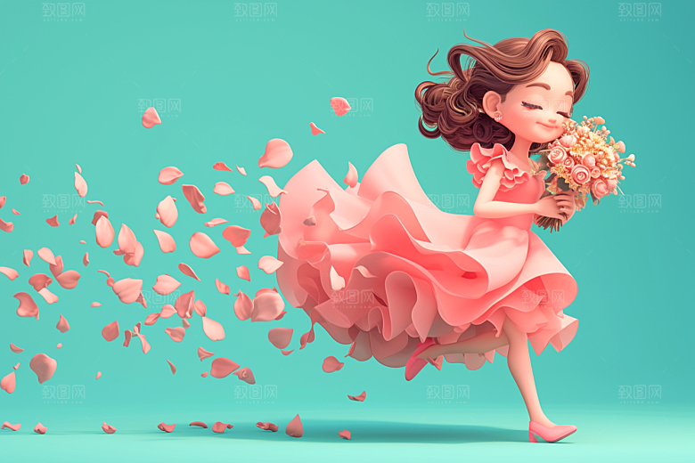 手捧鲜花的少女烂漫梦幻素材