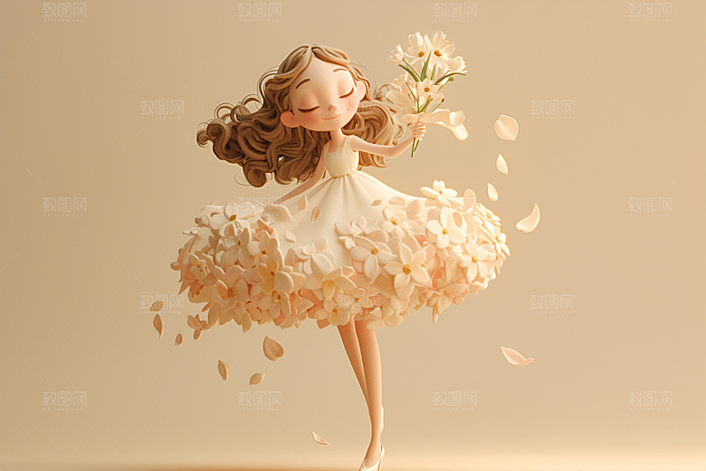 手捧鲜花的少女模型梦幻素材