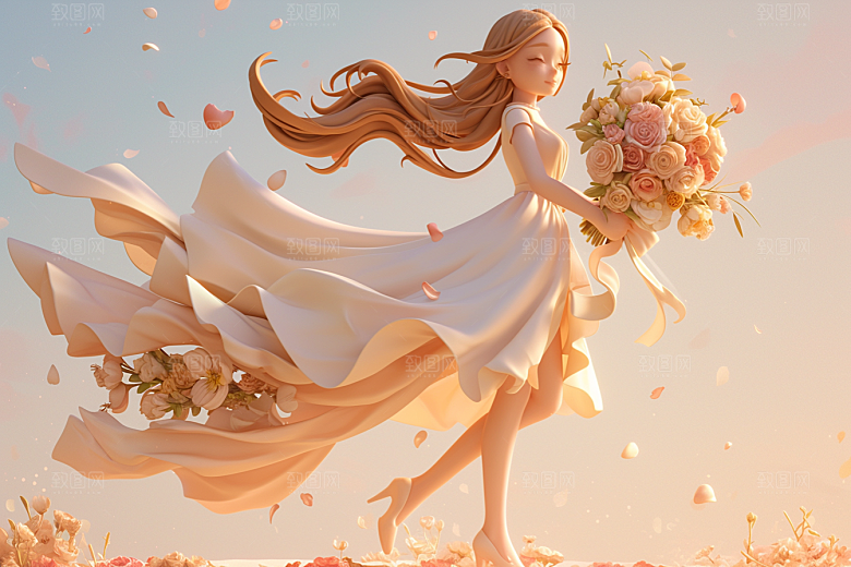 手捧鲜花的少女人物3D素材
