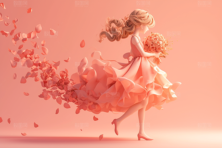 手捧鲜花的少女花朵立体素材