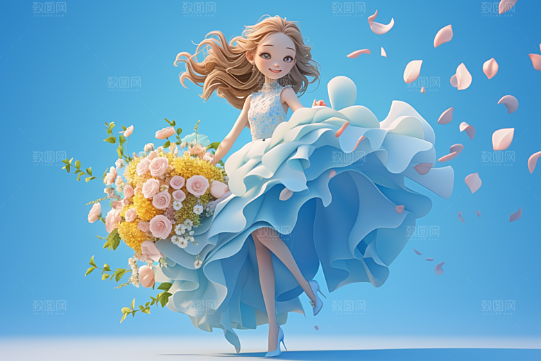 手捧鲜花的少女人物春天素材