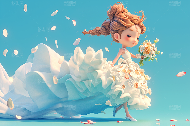 手捧鲜花的少女清新立体素材