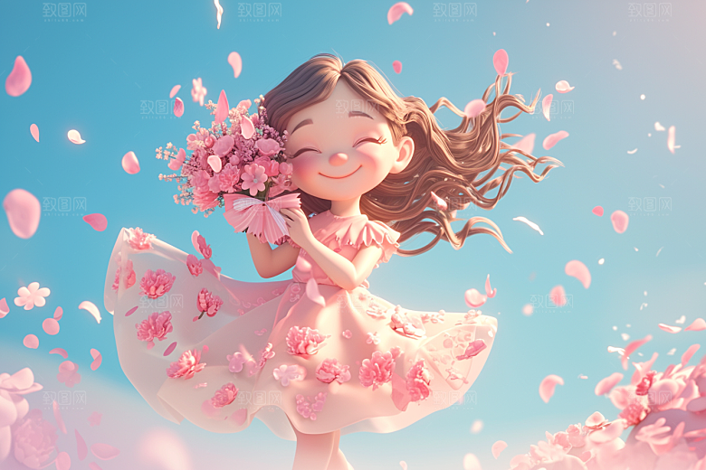 手捧鲜花的少女春天人物素材