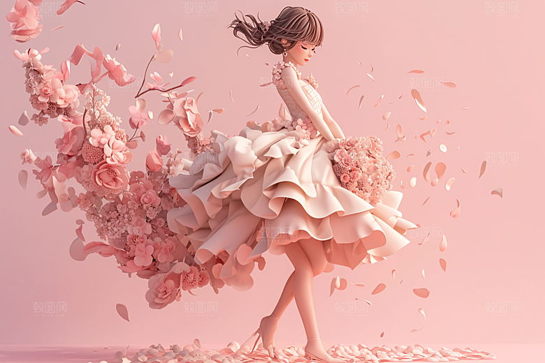 手捧鲜花的少女青春3D素材