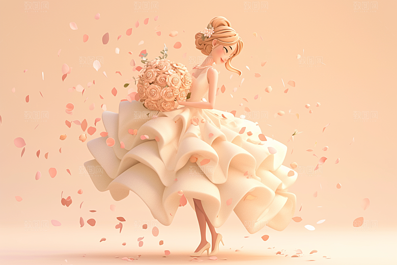 手捧鲜花的少女立体春天素材
