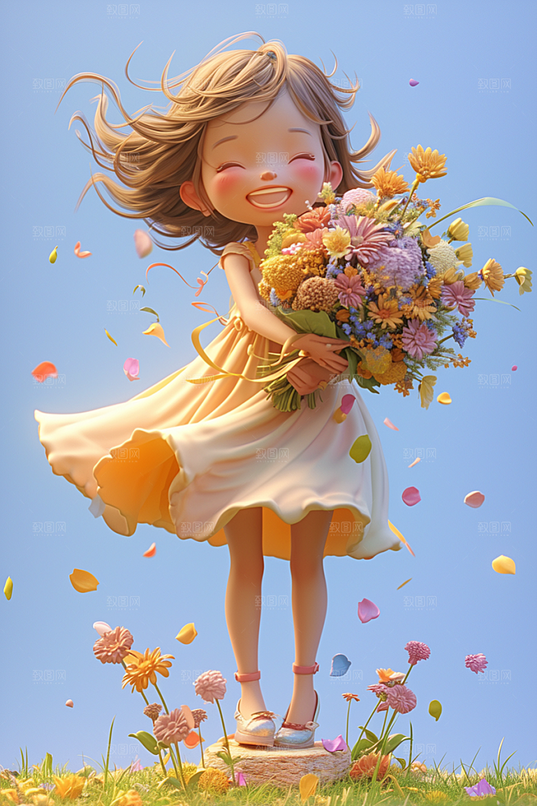 手捧鲜花的少女模型立体素材
