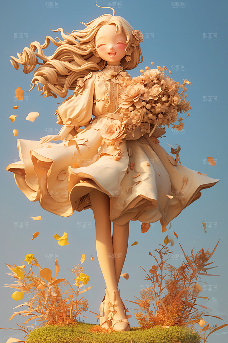 手捧鲜花的少女人物青春素材