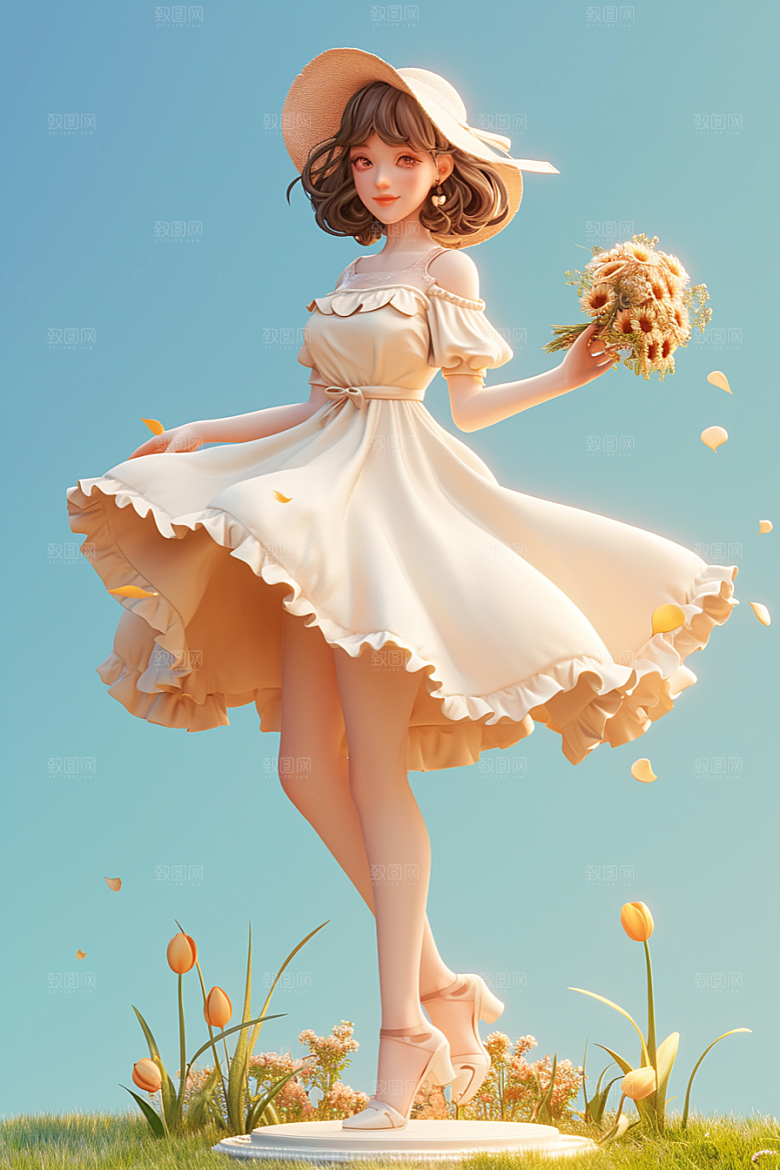 手捧鲜花的少女3D烂漫素材