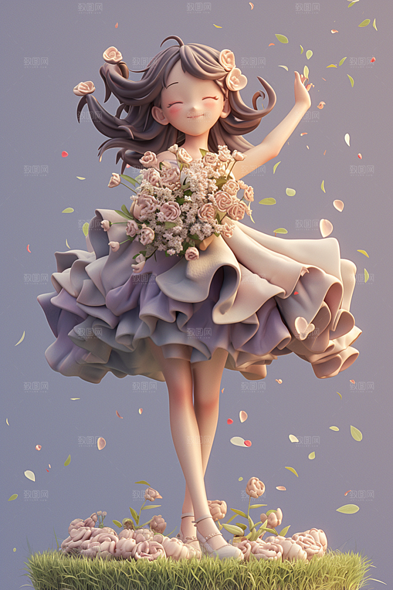 手捧鲜花的少女唯美人物素材