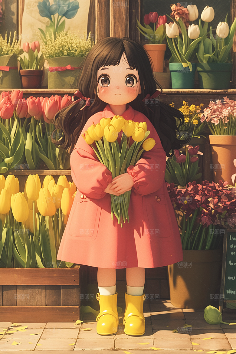 手捧鲜花的少女3D人物素材