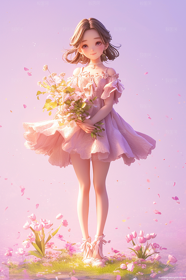 手捧鲜花的少女春天模型素材
